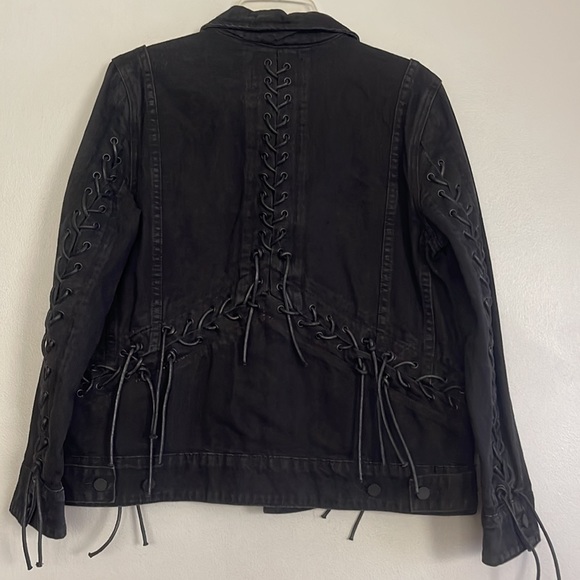 BlankNYC women distressed black jean jacket with lace up sleeves, back & sides - Picture 9 of 13